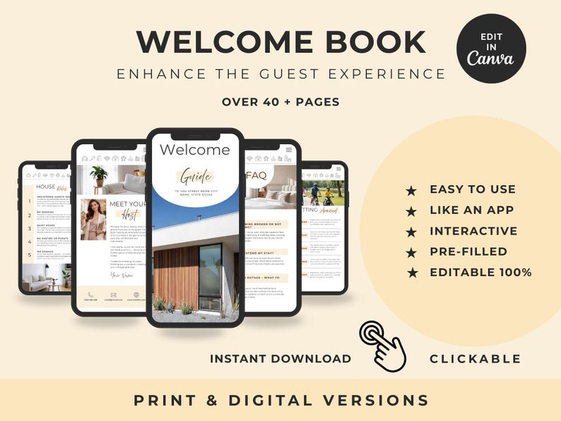 Może przedstawiać: Cyfrowy szablon książki powitalnej na urządzenia mobilne zawierający ponad 40 stron. Projekt zawiera tekst Welcome Book, Enhance the Guest Experience, Edit in Canva oraz wymienia funkcje takie jak łatwość obsługi, interaktywność i klikalność.