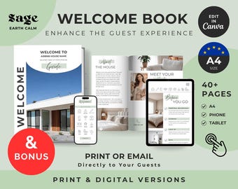 Pacchetto di libri di benvenuto in formato A4 per host Airbnb / Modificabile su Canva e in PDF digitale / Guida per gli ospiti di case vacanza / Affitti a breve termine / VRBO