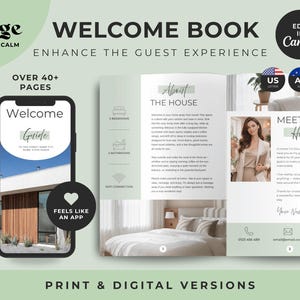 May include: A digital welcome book template for rental properties featuring a smartphone display and open brochure pages. The design includes sage green accents, text headers like Welcome Guide and About The House, and placeholders for host photos and contact details.