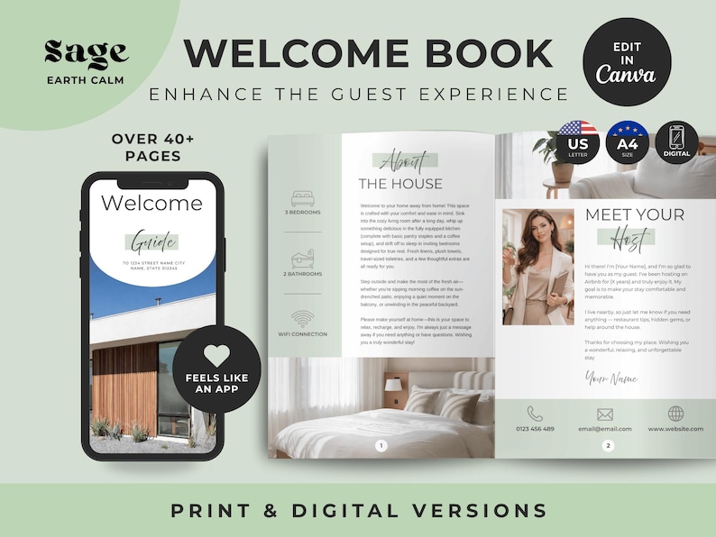 May include: A digital welcome book template for rental properties featuring a smartphone display and open brochure pages. The design includes sage green accents, text headers like Welcome Guide and About The House, and placeholders for host photos and contact details.