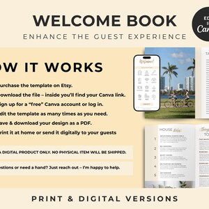 Pu&ograve; includere: Un modello digitale di libro di benvenuto per Canva con sfondo beige chiaro e testo nero. Il layout include un elenco di istruzioni, un mockup di smartphone che mostra una schermata di benvenuto e pagine di esempio con un indice, le regole della casa e informazioni utili, illustrate con foto di palme e una casa moderna.