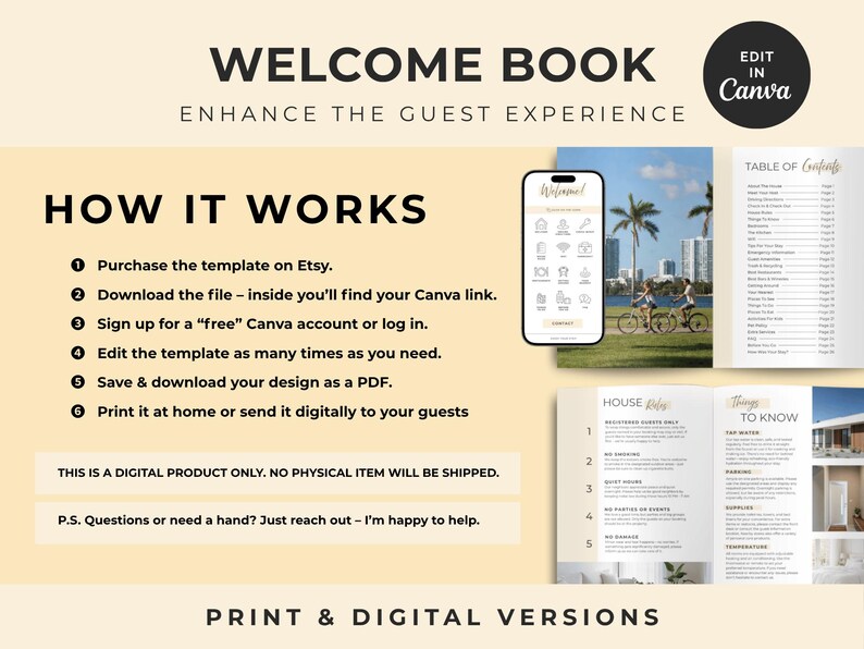 Pu&ograve; includere: Un modello digitale di libro di benvenuto per Canva con sfondo beige chiaro e testo nero. Il layout include un elenco di istruzioni, un mockup di smartphone che mostra una schermata di benvenuto e pagine di esempio con un indice, le regole della casa e informazioni utili, illustrate con foto di palme e una casa moderna.