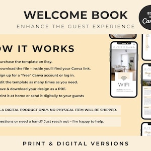 Może przedstawiać: Cyfrowy szablon księgi powitalnej na beżowym tle z tekstem WELCOME BOOK, ENHANCE THE GUEST EXPERIENCE oraz HOW IT WORKS, po kt&oacute;rym następuje sześciostopniowa lista numerowana. Zawiera makiety smartfon&oacute;w z układami stron wewnętrznych.