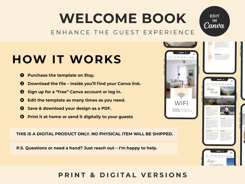 Może przedstawiać: Cyfrowy szablon księgi powitalnej na beżowym tle z tekstem WELCOME BOOK, ENHANCE THE GUEST EXPERIENCE oraz HOW IT WORKS, po kt&oacute;rym następuje sześciostopniowa lista numerowana. Zawiera makiety smartfon&oacute;w z układami stron wewnętrznych.