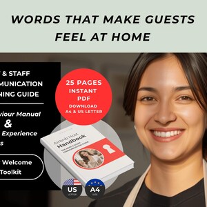 May include: A digital communication training guide for hosts featuring the text Words That Make Guests Feel At Home, Host & Staff Communication Training Guide, Behaviour Manual & Guest Experience Scripts, 5-Star Welcome Book Toolkit, and 25 Pages Instant PDF.