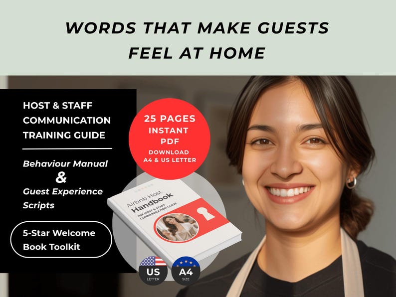 May include: A digital communication training guide for hosts featuring the text Words That Make Guests Feel At Home, Host & Staff Communication Training Guide, Behaviour Manual & Guest Experience Scripts, 5-Star Welcome Book Toolkit, and 25 Pages Instant PDF.