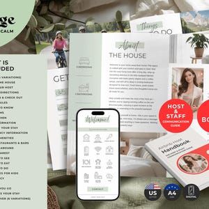 May include: A digital Airbnb host handbook template set featuring a sage green and white colour scheme. The collection includes various informational pages, a smartphone interface display, and a printed guide booklet with a red circular accent.
