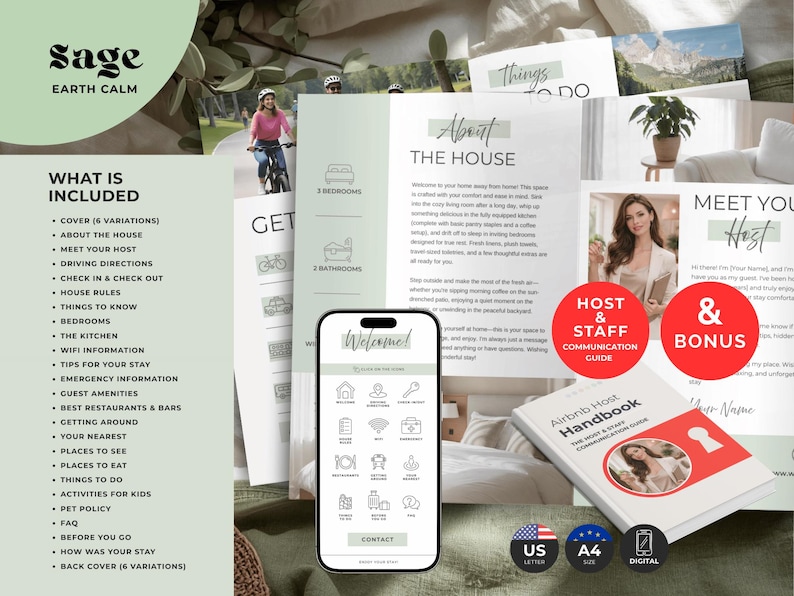 May include: A digital Airbnb host handbook template set featuring a sage green and white colour scheme. The collection includes various informational pages, a smartphone interface display, and a printed guide booklet with a red circular accent.