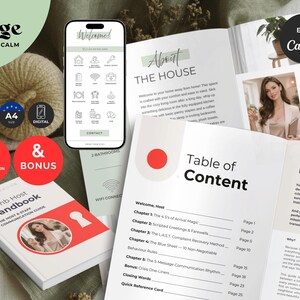 May include: A digital Airbnb host handbook template set featuring a table of contents, welcome pages, and a mobile interface design. The documents include text sections, host photography, and icons in a sage green and white colour scheme with red accents.