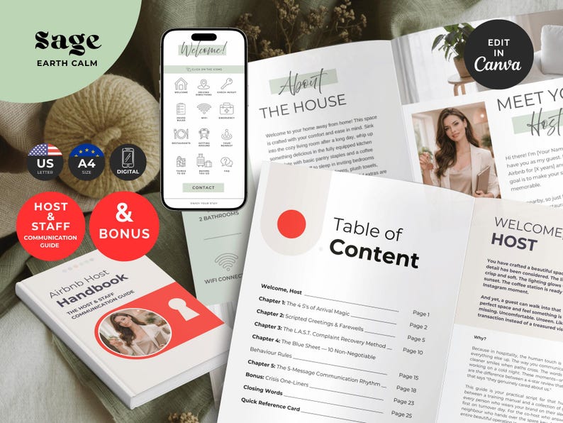 May include: A digital Airbnb host handbook template set featuring a table of contents, welcome pages, and a mobile interface design. The documents include text sections, host photography, and icons in a sage green and white colour scheme with red accents.