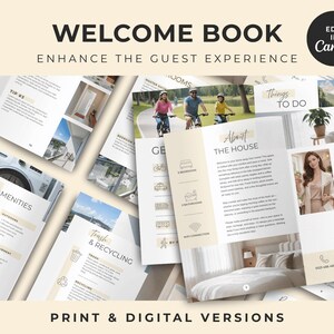 Pu&ograve; includere: Un modello di libro di benvenuto con diverse pagine in layout beige e bianco, che include sezioni per i servizi agli ospiti, la raccolta differenziata, le attivit&agrave; e la presentazione dell'host. Il design include testo, icone e foto.