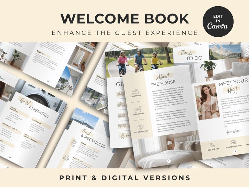 Pu&ograve; includere: Un modello di libro di benvenuto con diverse pagine in layout beige e bianco, che include sezioni per i servizi agli ospiti, la raccolta differenziata, le attivit&agrave; e la presentazione dell'host. Il design include testo, icone e foto.