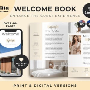 Pu&ograve; includere: Un modello di libro di benvenuto digitale con display di smartphone e pagine di opuscolo aperte in tonalit&agrave; beige e bianco. Il testo include Welcome Book, About The House, Meet Your Host e icone per camere da letto, bagni e connessione wifi.