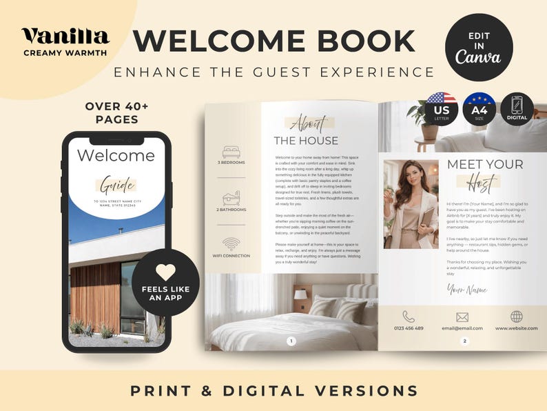 Pu&ograve; includere: Un modello di libro di benvenuto digitale con display di smartphone e pagine di opuscolo aperte in tonalit&agrave; beige e bianco. Il testo include Welcome Book, About The House, Meet Your Host e icone per camere da letto, bagni e connessione wifi.