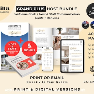 Pu&ograve; includere: Un modello di pacchetto digitale per host che include un libro di benvenuto, una guida alla comunicazione per lo staff e bonus. Include formati US Letter e A4, layout ottimizzati per dispositivi mobili e oltre 40 pagine. Testo: Vanilla Creamy Warmth, Grand Plus Host Bundle.