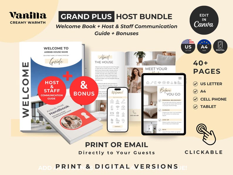 Pu&ograve; includere: Un modello di pacchetto digitale per host che include un libro di benvenuto, una guida alla comunicazione per lo staff e bonus. Include formati US Letter e A4, layout ottimizzati per dispositivi mobili e oltre 40 pagine. Testo: Vanilla Creamy Warmth, Grand Plus Host Bundle.