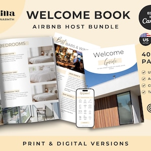 Może przedstawiać: Cyfrowy pakiet szablon&oacute;w książki powitalnej dla gospodarzy Airbnb zawierający ponad 40 stron w formatach US Letter i A4. Projekt zawiera sekcje dotyczące sypialni, lokalnych bar&oacute;w i przewodnika powitalnego, z wersjami na telefony i tablety.
