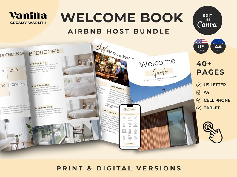 Może przedstawiać: Cyfrowy pakiet szablon&oacute;w książki powitalnej dla gospodarzy Airbnb zawierający ponad 40 stron w formatach US Letter i A4. Projekt zawiera sekcje dotyczące sypialni, lokalnych bar&oacute;w i przewodnika powitalnego, z wersjami na telefony i tablety.