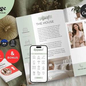 May include: A digital template for an Airbnb host handbook featuring a sage green and white colour scheme. The layout includes sections for house details, host information, and a mobile phone display showing a welcome menu with various icons.