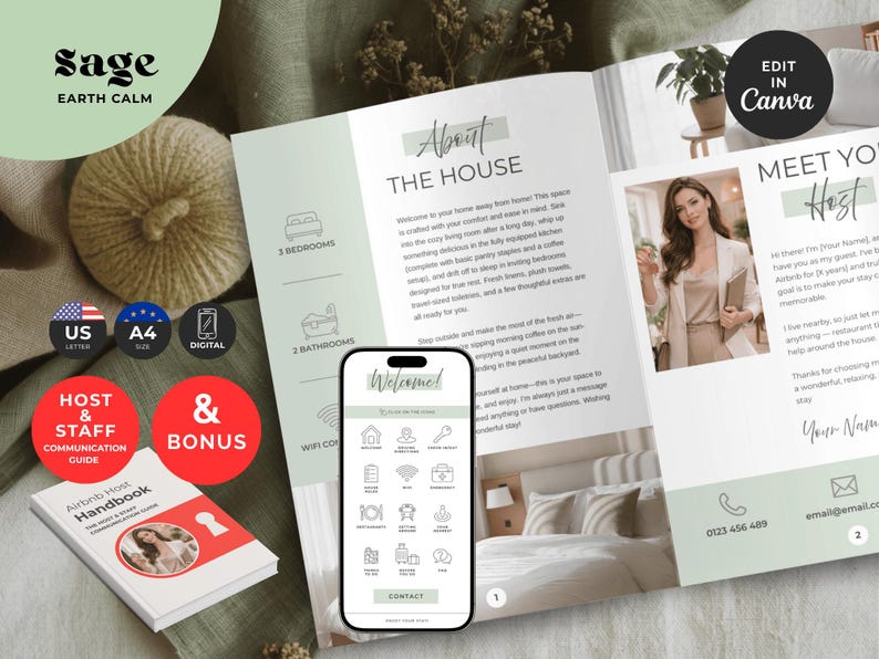 May include: A digital template for an Airbnb host handbook featuring a sage green and white colour scheme. The layout includes sections for house details, host information, and a mobile phone display showing a welcome menu with various icons.