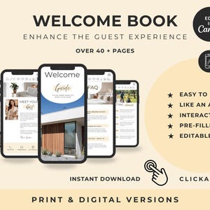 Pu&ograve; includere: Un modello di libro di benvenuto digitale per host con oltre 40 pagine, modificabile in Canva. Il design include mockup di telefoni cellulari che mostrano le regole della casa, informazioni sull'host e FAQ. Include link cliccabili, elementi interattivi e versioni stampabili.