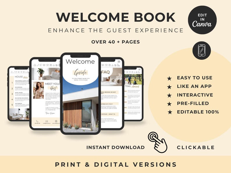 Pu&ograve; includere: Un modello di libro di benvenuto digitale per host con oltre 40 pagine, modificabile in Canva. Il design include mockup di telefoni cellulari che mostrano le regole della casa, informazioni sull'host e FAQ. Include link cliccabili, elementi interattivi e versioni stampabili.