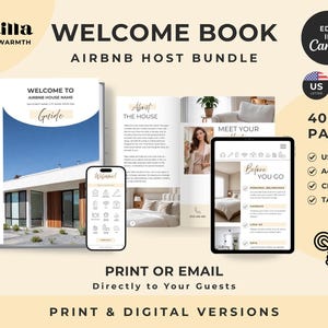 Może przedstawiać: Cyfrowy i drukowany pakiet książki powitalnej dla gospodarzy Airbnb zawierający ponad 40 stron w formatach US Letter i A4. Zestaw zawiera szablony przewodnika, telefonu kom&oacute;rkowego i tabletu z tekstem Welcome Book, Airbnb Host Bundle oraz Edit in Canva.