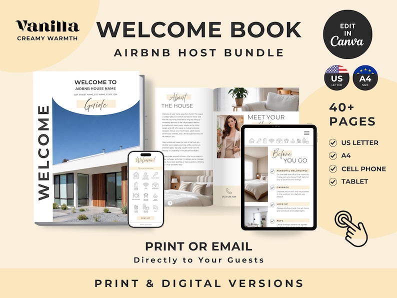 Może przedstawiać: Cyfrowy i drukowany pakiet książki powitalnej dla gospodarzy Airbnb zawierający ponad 40 stron w formatach US Letter i A4. Zestaw zawiera szablony przewodnika, telefonu kom&oacute;rkowego i tabletu z tekstem Welcome Book, Airbnb Host Bundle oraz Edit in Canva.