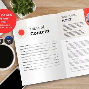 Pu&ograve; includere: Una guida digitale per host di 25 pagine con un indice e una sezione di benvenuto. Il layout presenta testo nero su pagine bianche, una foto circolare di una citt&agrave; costiera e accenti rossi, formattato per il formato carta A4.