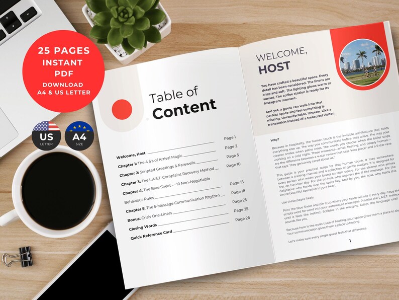 Pu&ograve; includere: Una guida digitale per host di 25 pagine con un indice e una sezione di benvenuto. Il layout presenta testo nero su pagine bianche, una foto circolare di una citt&agrave; costiera e accenti rossi, formattato per il formato carta A4.
