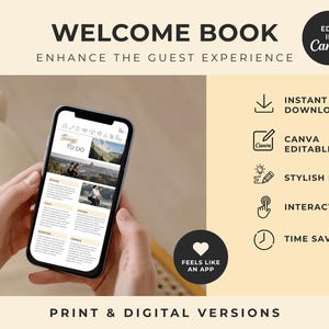 Pu&ograve; includere: Un modello di libro di benvenuto digitale per Canva visualizzato sullo schermo di uno smartphone. Il layout presenta una sezione di cose da fare con immagini e testo. La grafica include icone per il download istantaneo e la modifica.