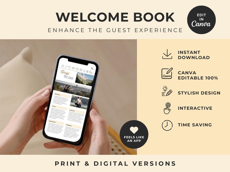 Pu&ograve; includere: Un modello di libro di benvenuto digitale per Canva visualizzato sullo schermo di uno smartphone. Il layout presenta una sezione di cose da fare con immagini e testo. La grafica include icone per il download istantaneo e la modifica.