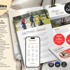 Pu&ograve; includere: Un modello digitale per un manuale dell'host Airbnb con uno schema di colori vaniglia cremoso. Il layout include pagine con testo, foto di persone in bicicletta, un mockup di smartphone che mostra un menu di benvenuto e un libretto guida.