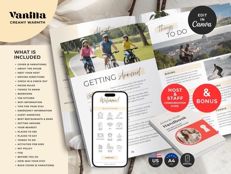 Pu&ograve; includere: Un modello digitale per un manuale dell'host Airbnb con uno schema di colori vaniglia cremoso. Il layout include pagine con testo, foto di persone in bicicletta, un mockup di smartphone che mostra un menu di benvenuto e un libretto guida.