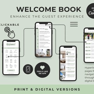 May include: A digital welcome book template for mobile devices featuring four smartphone screens displaying navigation menus, house rules, and guest information. The design includes clickable icons, dashed lines, and text reading Welcome Book, Enhance the Guest Experience, Clickable, Feels Like an App, and Print & Digital Versions.