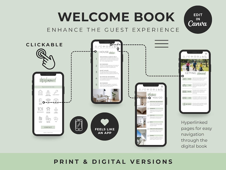 May include: A digital welcome book template for mobile devices featuring four smartphone screens displaying navigation menus, house rules, and guest information. The design includes clickable icons, dashed lines, and text reading Welcome Book, Enhance the Guest Experience, Clickable, Feels Like an App, and Print & Digital Versions.