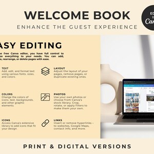 Pu&ograve; includere: Un modello di libro di benvenuto digitale per Canva con il testo Welcome Book, Enhance the Guest Experience ed Edit in Canva. Il layout include sezioni per Easy Editing, Text, Layout, Colors, Photos, Icons e Links, con un portatile che mostra l'interfaccia dell'editor e un vaso decorativo.