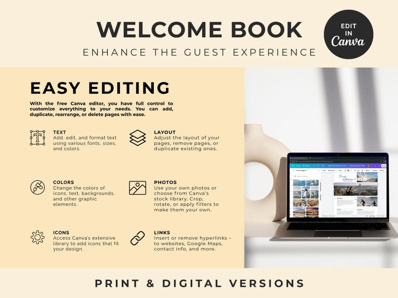 Pu&ograve; includere: Un modello di libro di benvenuto digitale per Canva con il testo Welcome Book, Enhance the Guest Experience ed Edit in Canva. Il layout include sezioni per Easy Editing, Text, Layout, Colors, Photos, Icons e Links, con un portatile che mostra l'interfaccia dell'editor e un vaso decorativo.