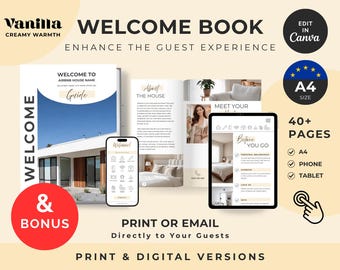 Pacchetto di libri di benvenuto in formato A4 color vaniglia per host Airbnb / Modificabile su Canva e in PDF digitale / Guida per gli ospiti di case vacanza / Affitti a breve termine / VRBO