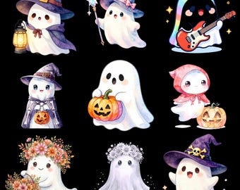 Paquete de imágenes prediseñadas de fantasmas lindos de Halloween en acuarela Arte de fantasmas espeluznantes en acuarela Diseños lindos de sublimación de Halloween Conjunto PNG de calabaza, bruja y fantasma.