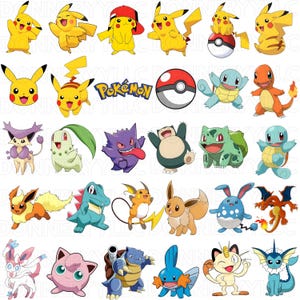May include: A collection of colorful Pokémon character illustrations, including Pikachu, Charmander, Squirtle, and Bulbasaur. The word "Pokémon" is also displayed. These images are suitable for stickers, prints, or other crafts.