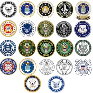May include: A collection of circular emblems representing various branches of the United States military. The designs feature eagles, stars, and text such as "Navy," "Air Force," "Army," and "Coast Guard." The emblems are in various colors, including blue, gold, and green.