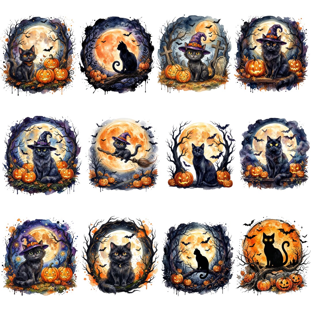 Watercolor Halloween Cats Clipart Bundle PNG, Cute Black Cat Halloween ...