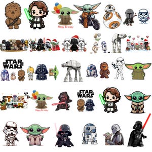 May include: A collection of Star Wars character stickers, including Chewbacca, Darth Vader, Baby Yoda, and others. Some stickers have the text "Happy Birthday" and "Star Wars". The stickers are in a cartoon style with bright colors.