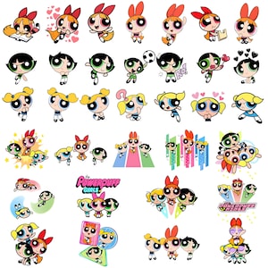 Puede incluir: Una colección de coloridas imágenes de dibujos animados de las Supernenas. Las imágenes presentan a Pétalo, Burbuja y Cactus en varias poses, con corazones, balones de fútbol y la palabra "NO!" en algunas. El logotipo de las Supernenas también está presente.