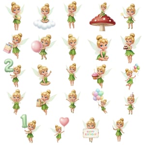 Peut inclure: Une collection de fées de dessins animés dans diverses poses. Chaque fée a des cheveux blonds, des ailes vertes et une robe verte. Certaines fées tiennent des cadeaux, des ballons ou un gâteau d'anniversaire. Une fée est assise sur un champignon, et une autre tient une pancarte "Happy Birthday".