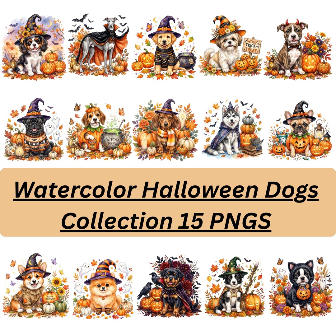 Watercolor Halloween Dogs Clipart Bundle, Cute Spooky Dog PNG, Pumpkin ...