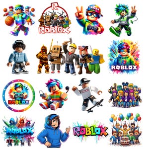 May include: A selection of vibrant Roblox-themed graphics and illustrations. The images showcase diverse Roblox characters, logos, and scenes, including a basketball player, a group of figures, and the Roblox logo in various styles. The colour palette includes bright blues, greens, and reds.
