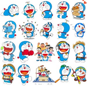 May include: A collection of cartoon illustrations of Doraemon, a blue robotic cat. The images show Doraemon in various poses, including holding objects, wearing different hats, and interacting with other characters. The background is white.
