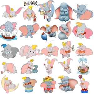 Op de afbeelding: Een verzameling illustraties van Dumbo de Olifant in verschillende poses. Dumbo wordt afgebeeld in grijstinten, roze en geel, met zijn kenmerkende grote oren en gele hoed. Het woord "DUMBO" staat bovenaan de afbeelding.